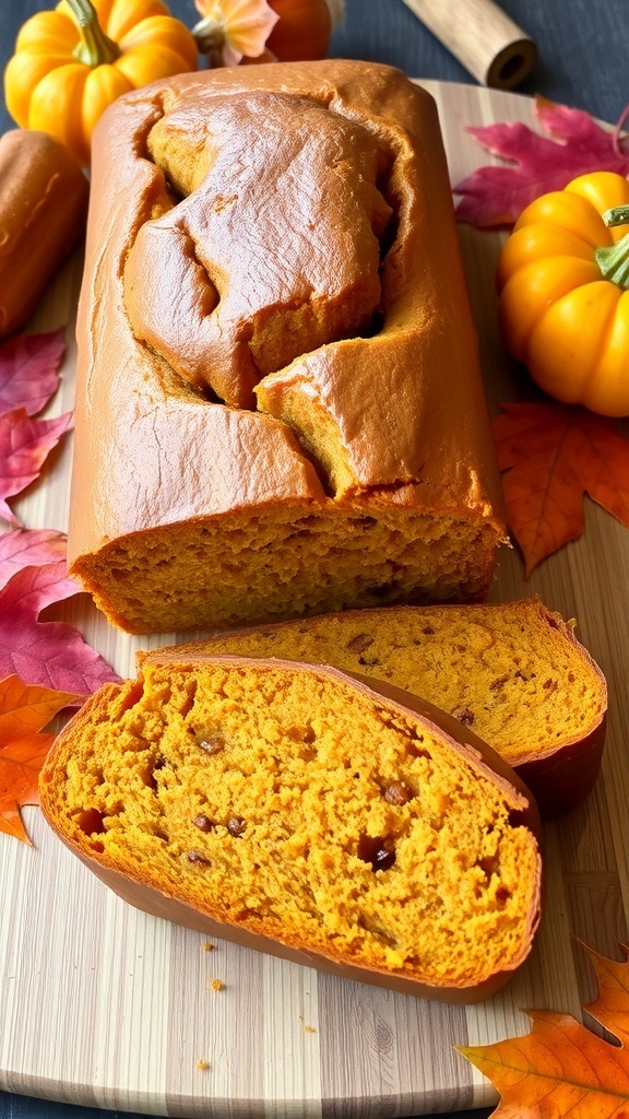 Moist Pumpkin Bread with Eggs A golden loaf of pumpkin bread on a cutting board with autumn decorations.